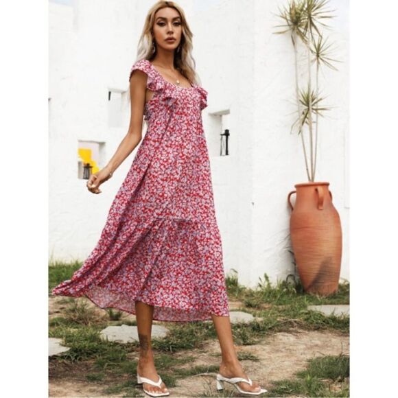 ZARA FLORAL RUFFLED MIDI DRESS - Picture 2 of 3